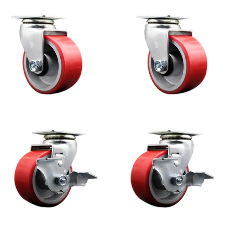 Service Caster 4 Inch Red Poly on Cast Iron Swivel Caster Set with Roller Bearings 2 Brakes SCC-20S420-PUR-RS-2-TLB-2